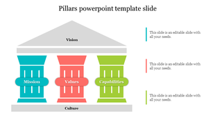 Three colored pillars slide labeled mission, values, and capabilities with placeholder text.
