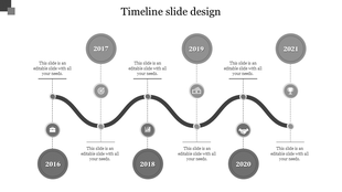 Monochrome timeline with circular milestone markers for years 2016 to 2021, each linked to an icon and text placeholder. 