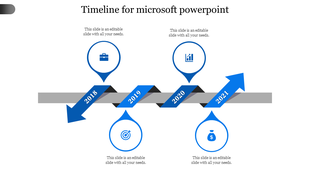 Business timeline with a black and blue ribbon, featuring arrows for years 2018-2021 and milestone icons above and below. 