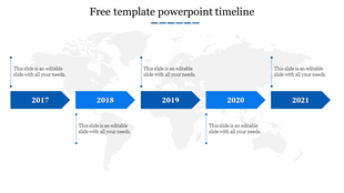 Modern timeline with blue arrows for 2017-2021, linked to captions by lines, set against a light world map background. 