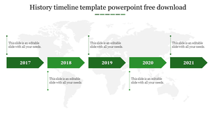 History timeline slide with green arrows marking years 2017 to 2021 over a faint world map background.