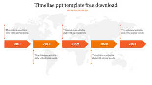 Project timeline infographic with orange arrows marking years 2017-2021, linked to captions by dotted lines on a world map.