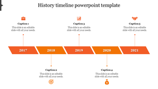 Timeline slide with an orange bar displaying years from 2017 to 2021, each linked to icons and captions.