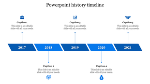 History timeline PPT slide with blue arrows marking the years 2017 to 2021, featuring icons with captions and text.