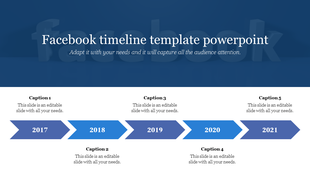 Facebook timeline template slide with five blue chevron arrows, 2017-2021, captions areas placed in a white backdrop.