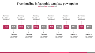Horizontal timeline infographic with twelve months labeled from January to December and placeholders for captions.