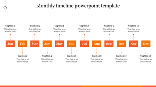 Monthly timeline with twelve orange boxes, arranged horizontally with captions above and below.