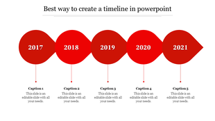 Timeline with red teardrop shaped markers for each year, from 2017 to 2021, arranged horizontally.