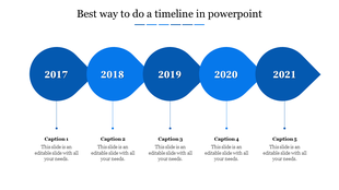 Blue timeline slide with years 2017 to 2021 in teardrop shapes, each with captions below.