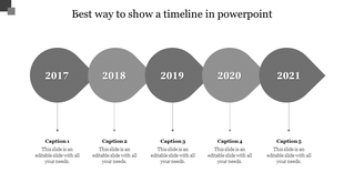 Timeline PowerPoint template displaying years from 2017 to 2021 with text sections below each year.