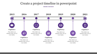 Project timeline PPT slide from 2015 to 2021 with purple icons and milestone markers with captions on a white backdrop.