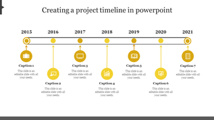 Horizontal timeline from 2015 to 2021 with a dark line, yellow circular markers, and icons connected to captions below. 