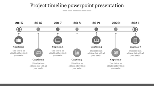 Horizontal black-and-white timeline from 2015 to 2021, with icons and placeholder area below each year.