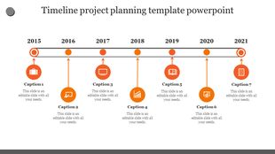 Horizontal timeline from 2015 to 2021 with a dark line, orange circular markers, and icons connected to captions areas.