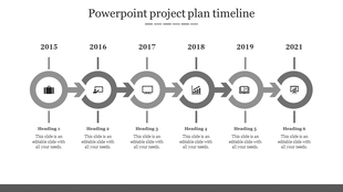 Horizontal timeline with circular markers in gray, connected by arrows, representing the years 2015 to 2021.