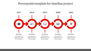 Horizontal timeline from 2015 to 2020 with blue labels, icons above each year, and placeholder text below. 