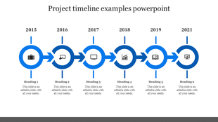 Sequential timeline diagram showcasing six key milestones, represented by blue circles, arrows, and icons for each year.