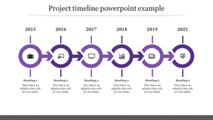 Project timeline slide showing key milestones from 2015 to 2021, with purple icons and headings for each year.
