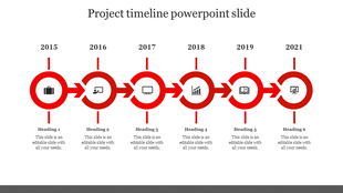 Red circular markers connected by arrow, indicating years from 2015 to 2021, with icons in each circle.