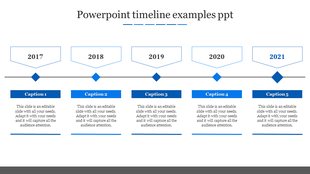 Timeline PowerPoint slide featuring milestones from 2017 to 2021, with blue captions for each year with placeholder text.
