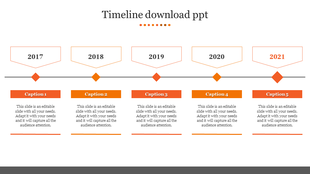 Linear timeline from 2017 to 2021 with pentagonal year marker above and orange caption below, connected by a horizontal line.