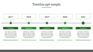 Timeline featuring diamond shaped year markers for 2017 to 2021, each with green accents, connected by a line.