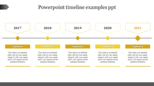 Timeline PowerPoint slide featuring milestones from 2017 to 2021, with yellow captions for each year with placeholder text.