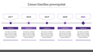 Horizontal timeline in purple with diamond shaped markers for the years 2017 to 2021, and paired with text areas.