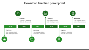 Timeline PowerPoint slide from 2016 to 2021 with captions and green icons with placeholder text on a white backdrop.