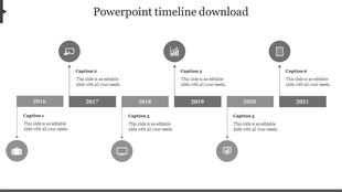 Timeline PowerPoint slide from 2016 to 2021 with captions and grey icons with placeholder text on a white backdrop.
