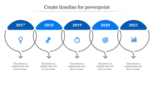 Blue themed timeline with circular year markers for 2017 to 2021, each containing a related icon and downward arrows.