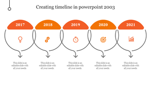 Timeline design featuring five circular labels with orange headers, containing icons and arrows below.