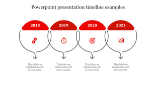 Timeline PPT slide with years 2018 to 2021, each marked by a red icon and connected with arrows and placeholder text.
