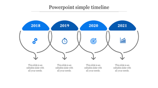Curved timeline with four blue segments labeled 2018 to 2021, each featuring an icon and text below connected by arrows. 