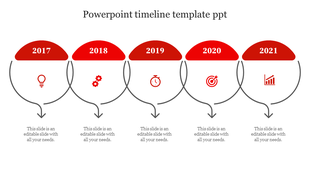 Five year circular timeline with red headers, each containing icons and linked with arrows pointing down.