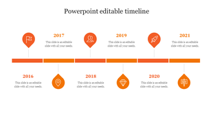 Timeline PPT slide with years from 2016 to 2021, each marked by an orange icon and connected by a horizontal bar.