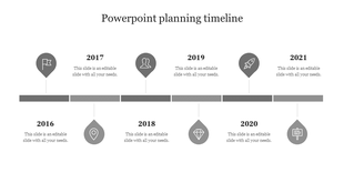 Planning timeline with six gray teardrop markers, each containing an icon and year from 2016 to 2021, placed along a bar.
