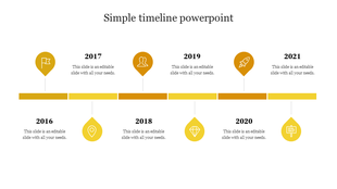 Yellow timeline from 2016 to 2021 with teardrop shaped icons above and below a horizontal bar, marking key years. 