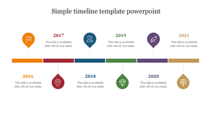 Horizontal timeline with milestones for 2016 to 2021, each marked with colored icons and placeholder areas.