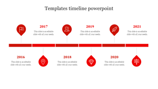 Ted timeline with circular year markers from 2016 to 2021, each with an icon and text, connected on a horizontal line.