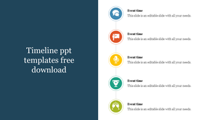 Vertical timeline infographic with five circular icons in colors, each linked to an event title and description on the right.