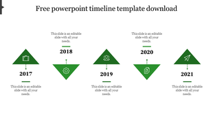 Timeline PPT template with years 2017 to 2021, each year marked with a green triangle icon and corresponding text.