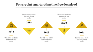 PowerPoint SmartArt timeline template with triangular icons for each year from 2017 to 2021, featuring text.