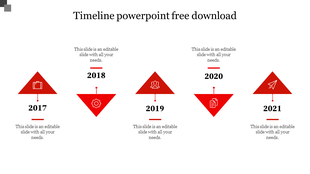 Red timeline with triangular markers for years 2017 to 2021, featuring icons like a briefcase, gears, and a paper plane. 