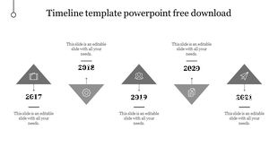 Gray timeline with triangular year markers from 2017 to 2021, arranged alternatively, each with an icon and text block.