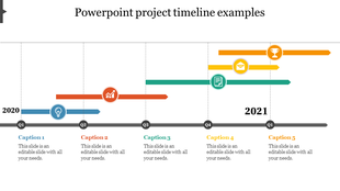 Project timeline slide with quarterly milestones for 2020 and 2021 with colorful arrows and icons for each with caption area.