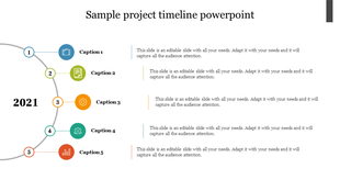 Project timeline PowerPoint template with five phases, each labeled with a specific task or milestone.
