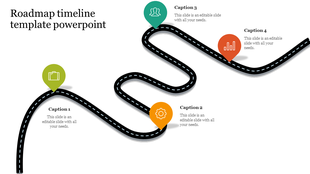 Curved black road with four colored markers, each containing an icon and captions, placed on a white background.