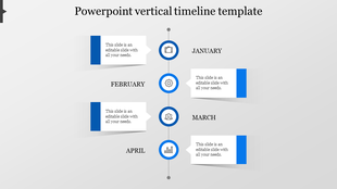 Blue vertical timeline with icons for January to April, each linked to text boxes with blue sidebars on a gray background. 