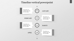 Vertical gray timeline with four months labeled from January to April, each containing circular icons and text blocks.